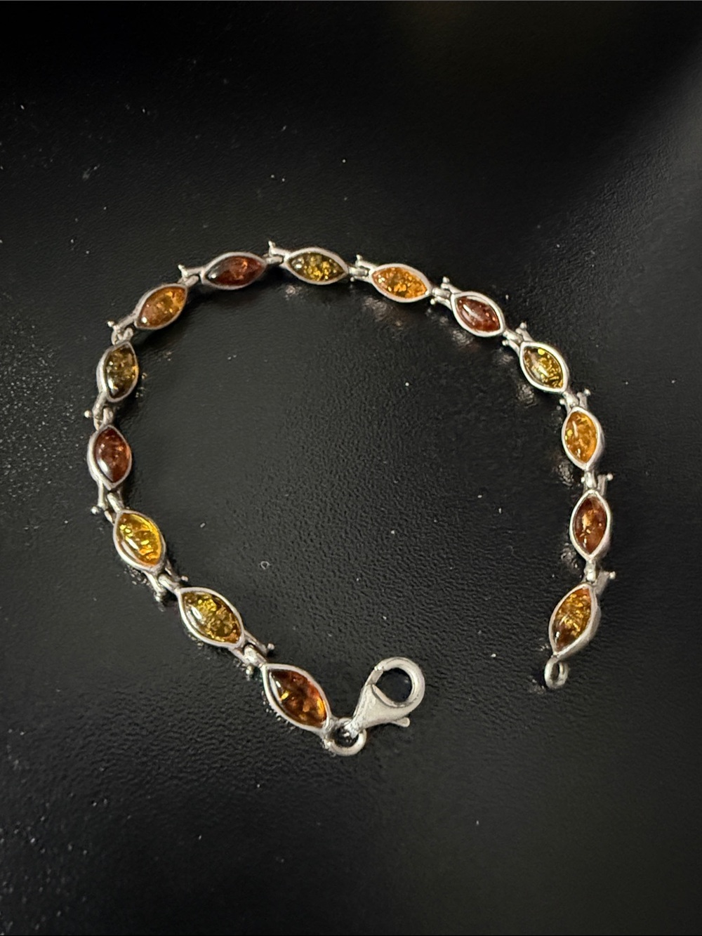 Sterling Silver Amber Link Bracelet - Honey, Green & Cognac Amber